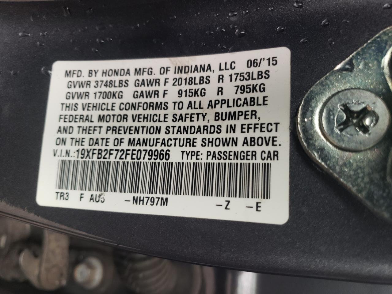 Photo 10 from auction – 2015 HONDA CIVIC SE with VIN 19XFB2F72FE079966