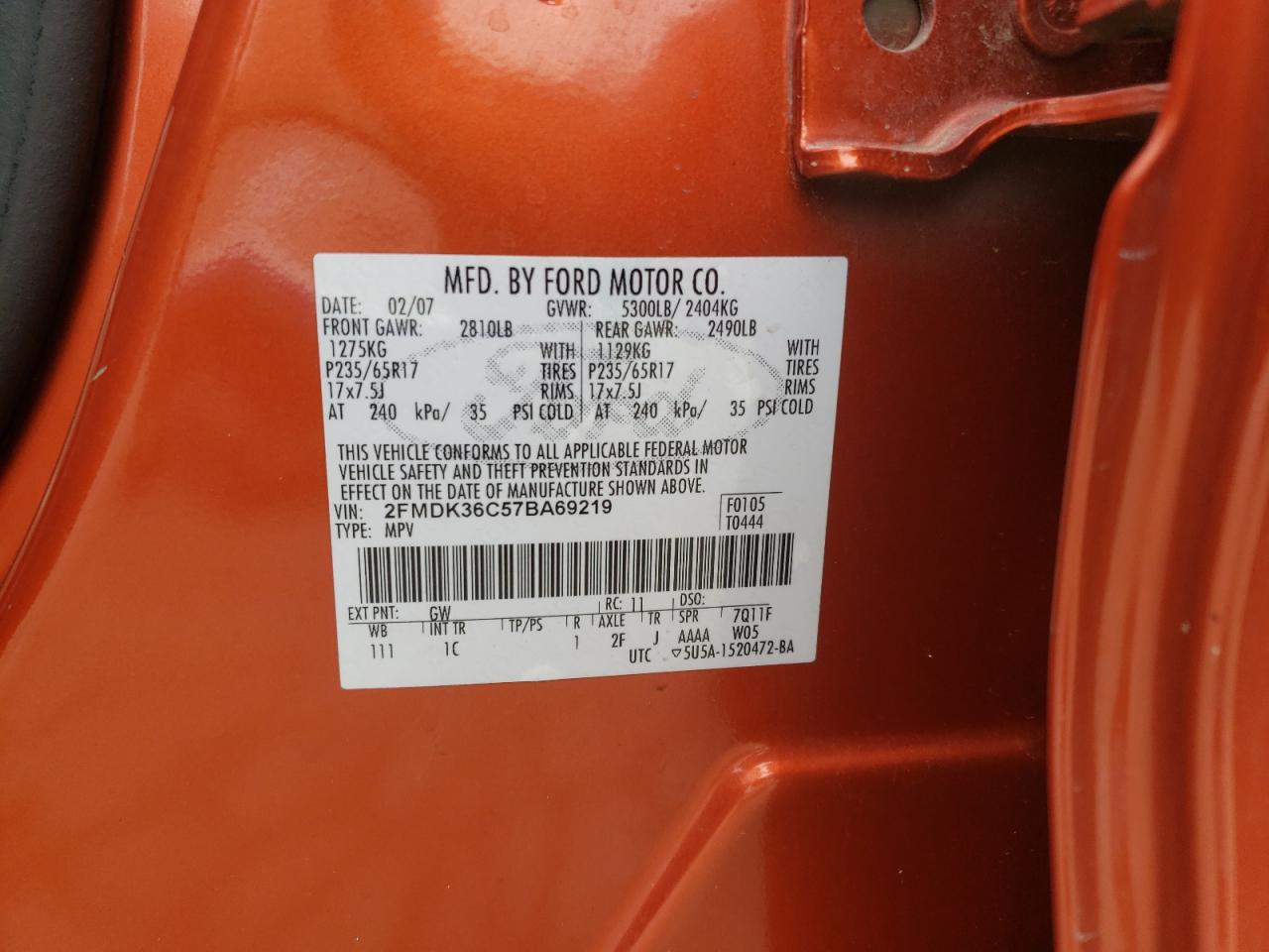 Photo 10 from auction – 2007 FORD EDGE SE with VIN 2FMDK36C57BA69219