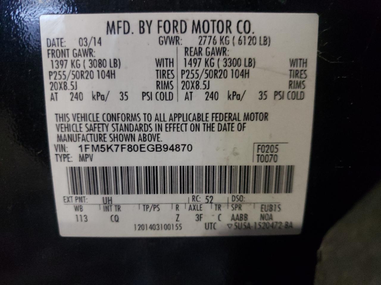 Photo 10 from auction – 2014 FORD EXPLORER L with VIN 1FM5K7F80EGB94870
