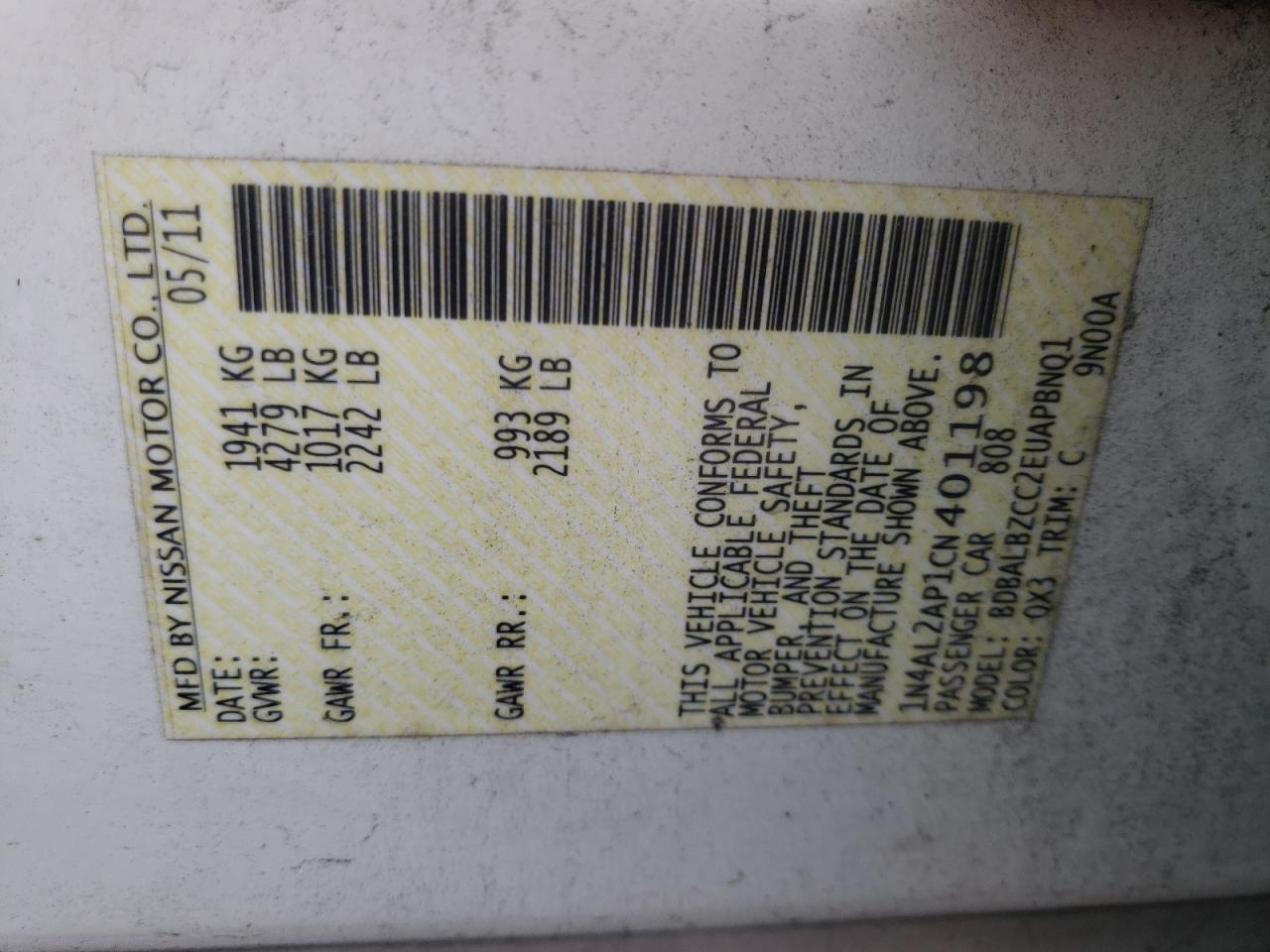 Photo 10 from auction – 2012 NISSAN ALTIMA BAS with VIN 1N4AL2AP1CN401198