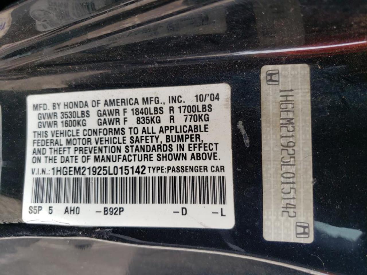 Photo 10 from auction – 2005 HONDA CIVIC EX with VIN 1HGEM21925L015142