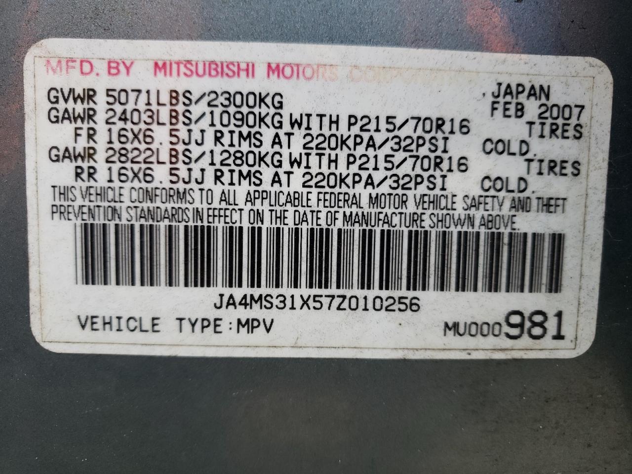 Photo 10 from auction – 2007 MITSUBISHI OUTLANDER with VIN JA4MS31X57Z010256