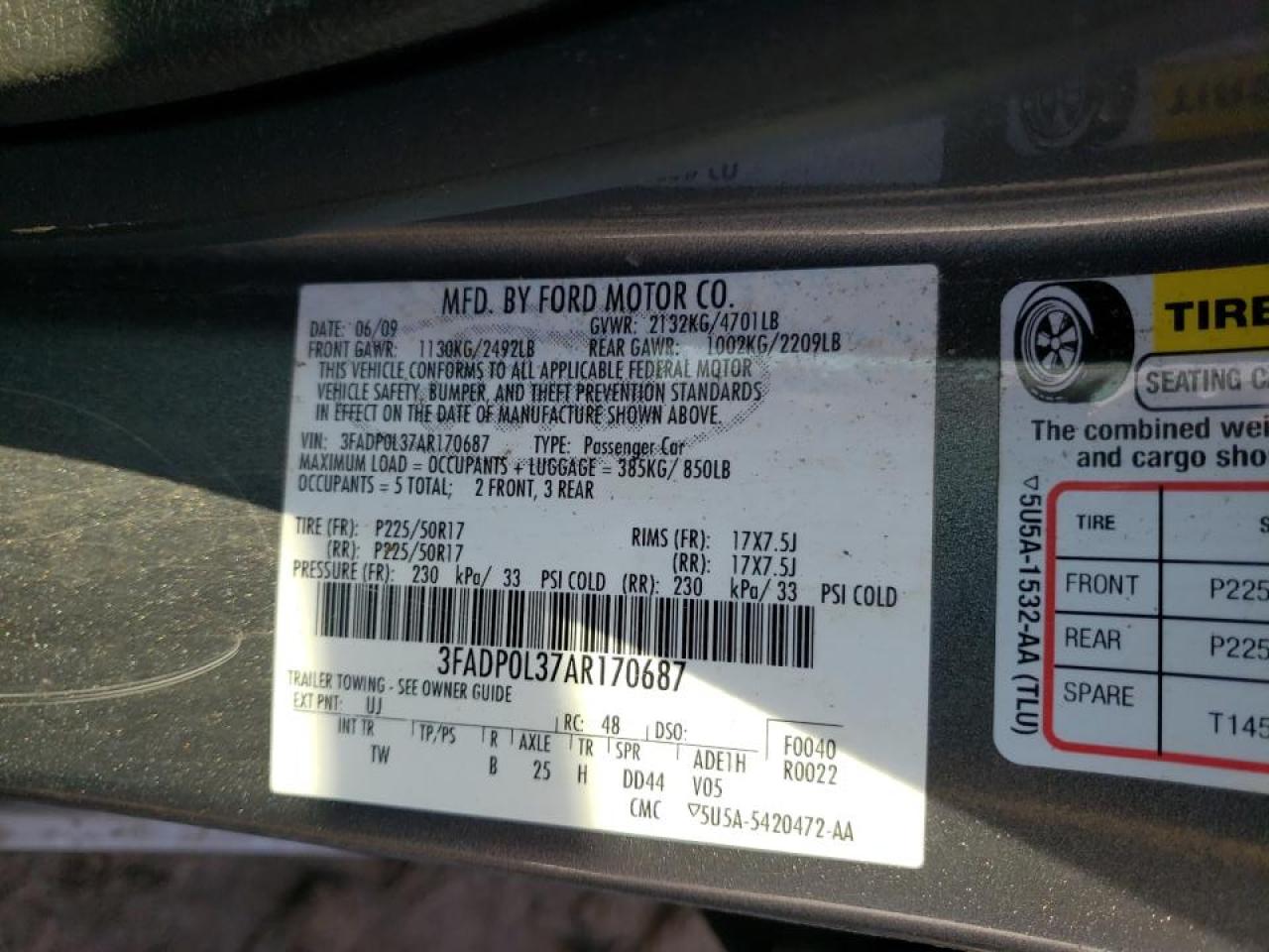 Photo 10 from auction – 2010 FORD FUSION with VIN 3FADP0L37AR170687