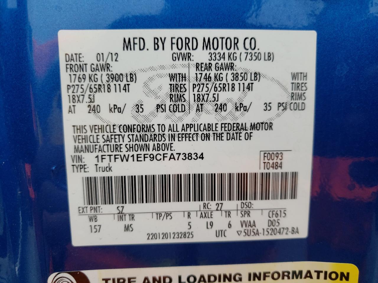 Photo 10 from auction – 2012 FORD F150 SUPER with VIN 1FTFW1EF9CFA73834