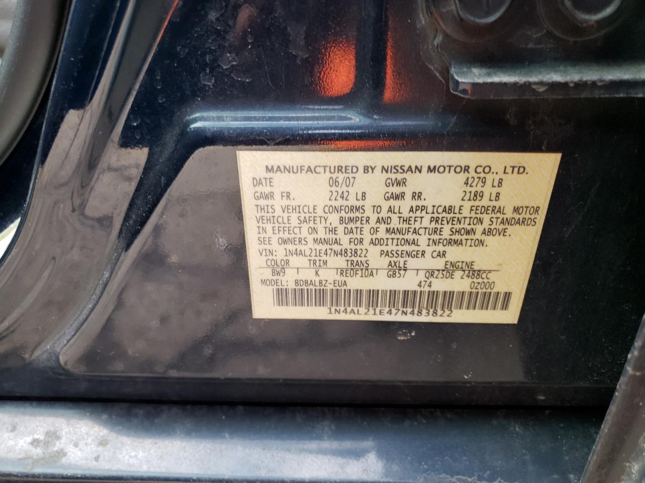 Photo 10 from auction – 2007 NISSAN ALTIMA 2.5 with VIN 1N4AL21E47N483822