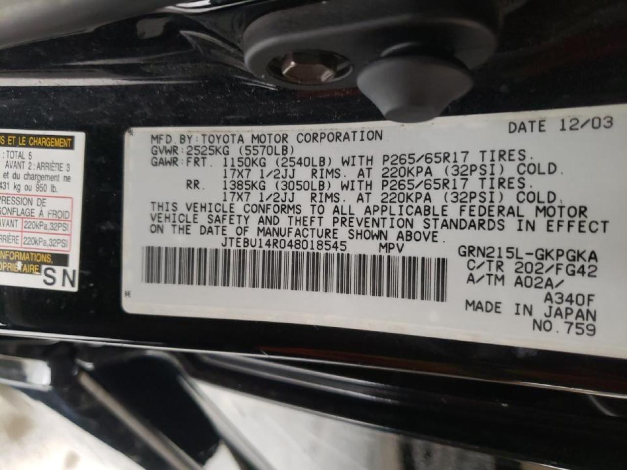 Photo 10 from auction – 2004 TOYOTA 4RUNNER SR with VIN JTEBU14R048018545