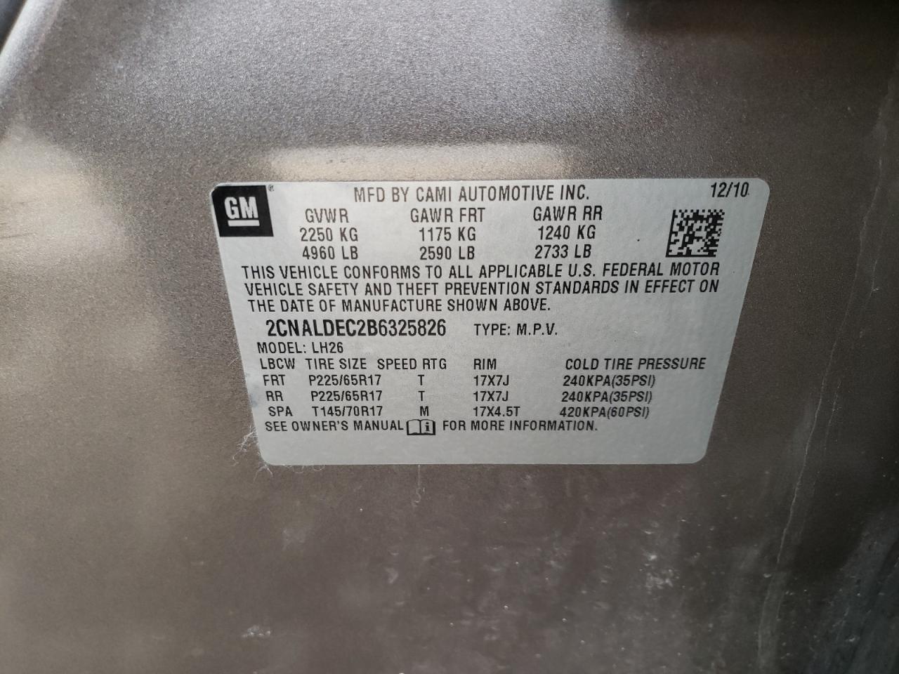 Photo 10 from auction – 2011 CHEVROLET EQUINOX LT with VIN 2CNALDEC2B6325826
