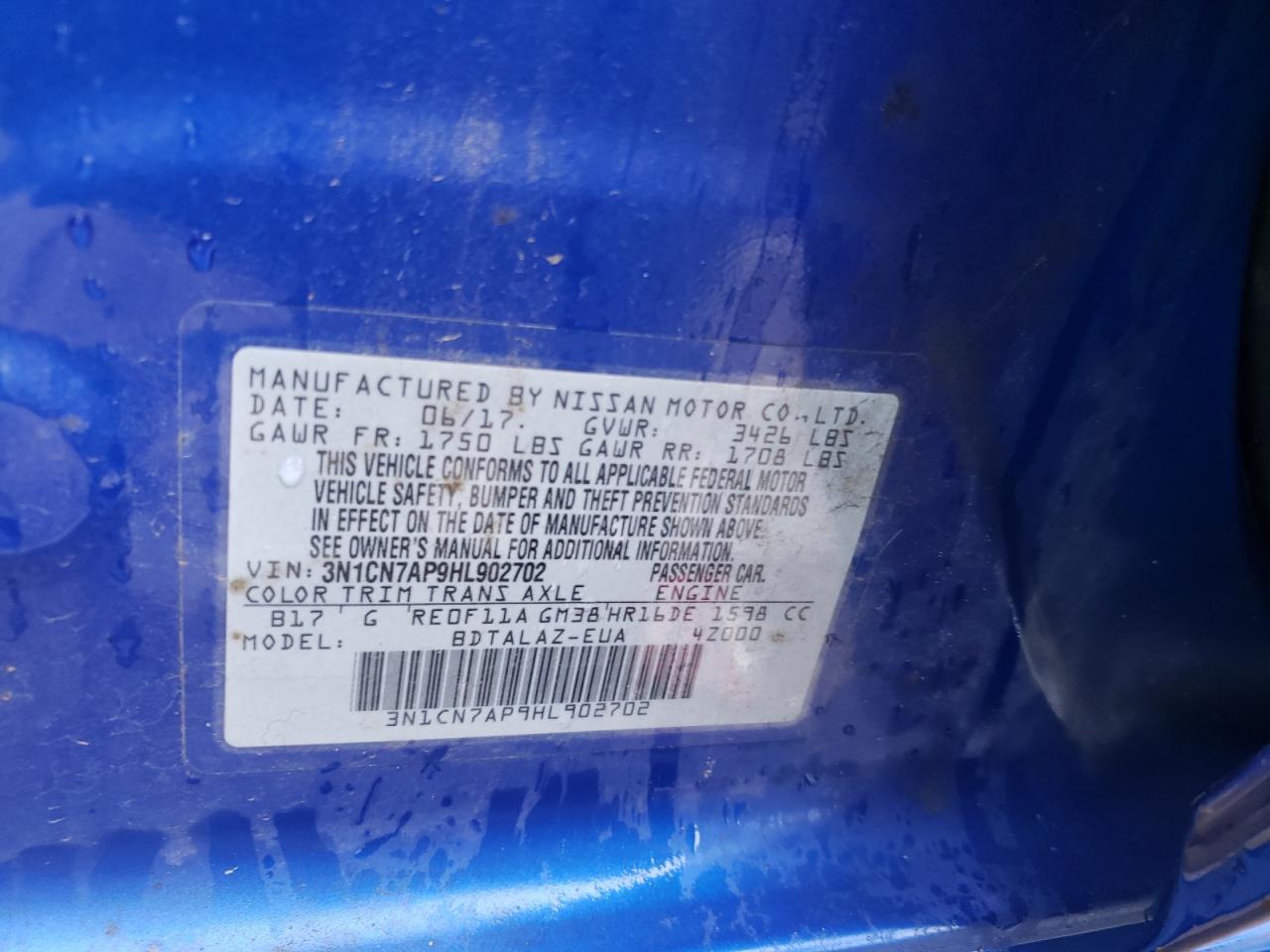 Photo 10 from auction – 2017 NISSAN VERSA S with VIN 3N1CN7AP9HL902702