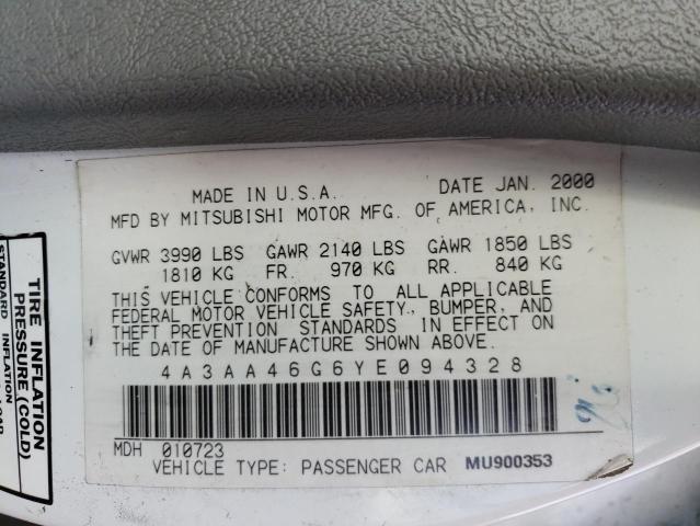 Photo 10 from auction – 2000 MITSUBISHI GALANT ES with VIN 4A3AA46G6YE094328