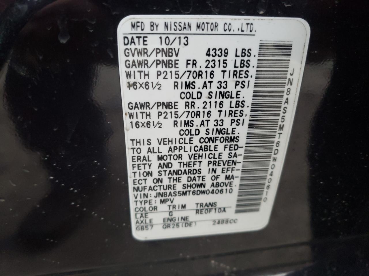 Photo 10 from auction – 2013 NISSAN ROGUE S with VIN JN8AS5MT6DW040610