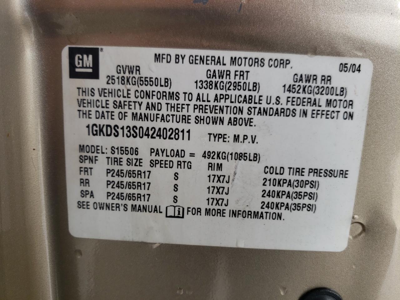 Photo 10 from auction – 2004 GMC ENVOY with VIN 1GKDS13S842417010