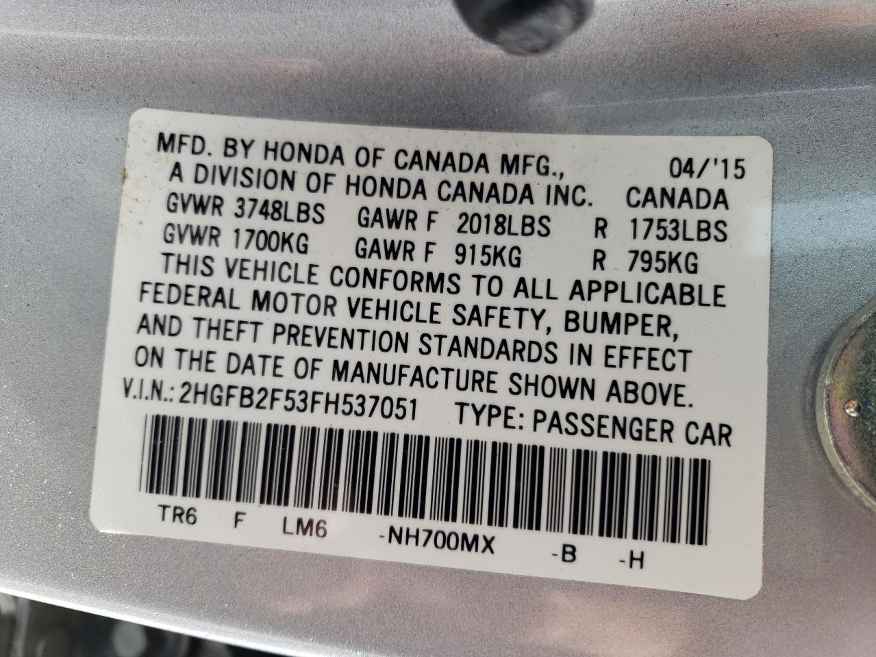 Photo 10 from auction – 2015 HONDA CIVIC LX with VIN 2HGFB2F53FH537051
