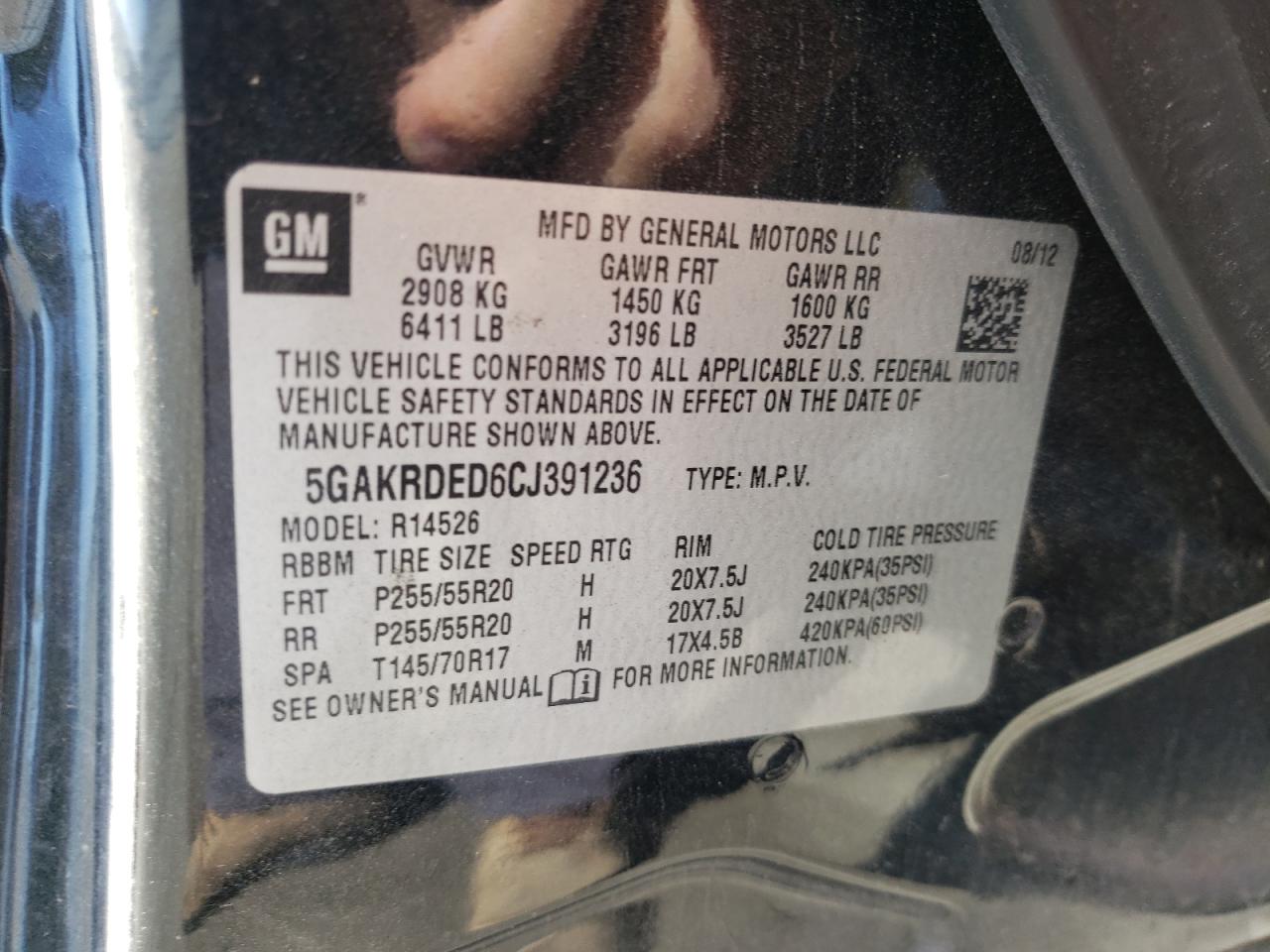 Photo 10 from auction – 2012 BUICK ENCLAVE with VIN 5GAKRDED6CJ391236
