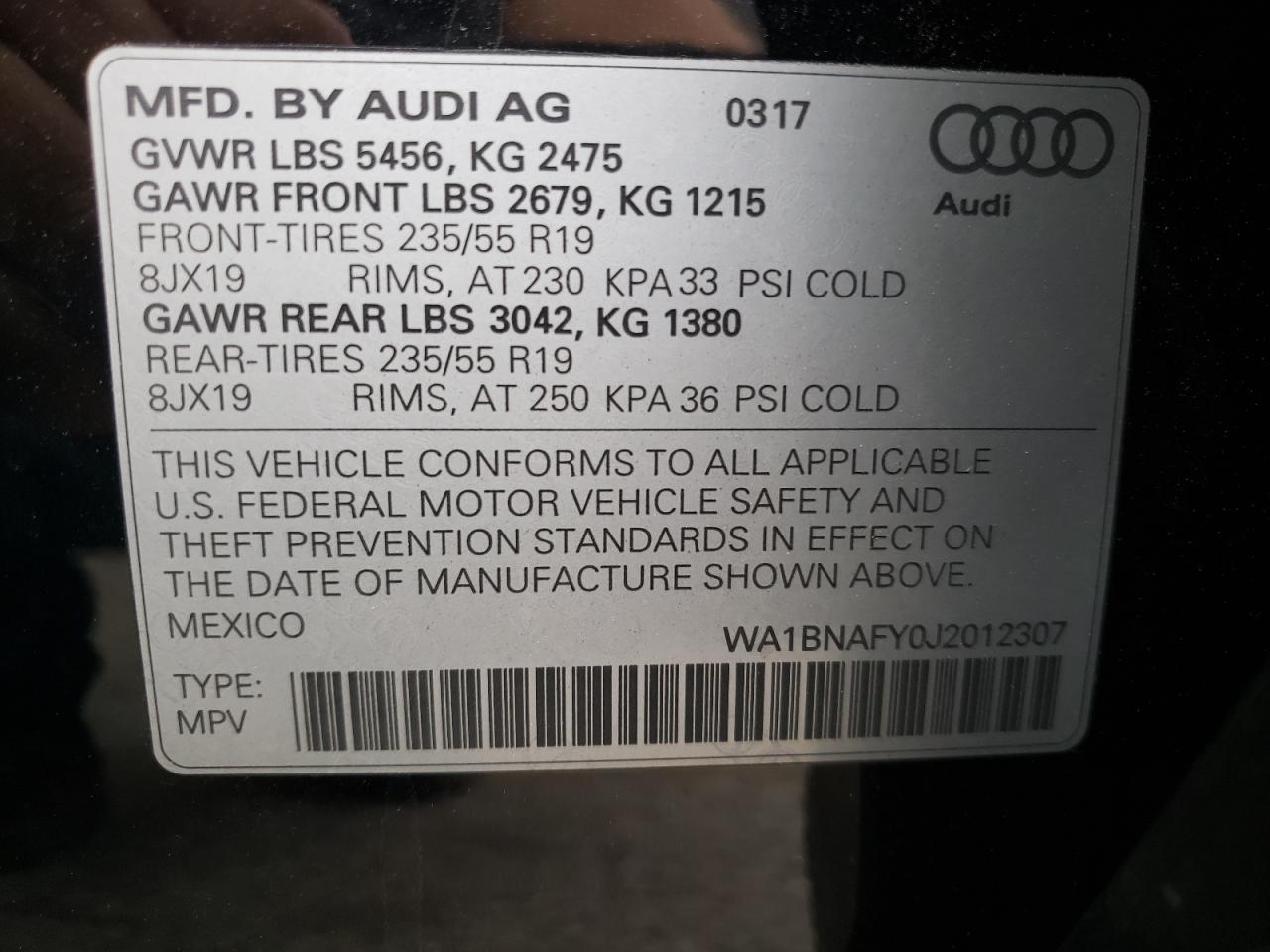 Photo 10 from auction – 2018 AUDI Q5 PREMIUM with VIN WA1BNAFY0J2012307