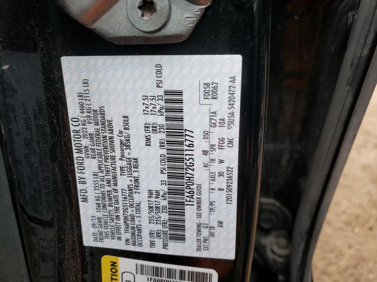 Photo 10 from auction – 2016 FORD FUSION SE with VIN 1FA6P0H72G5116777