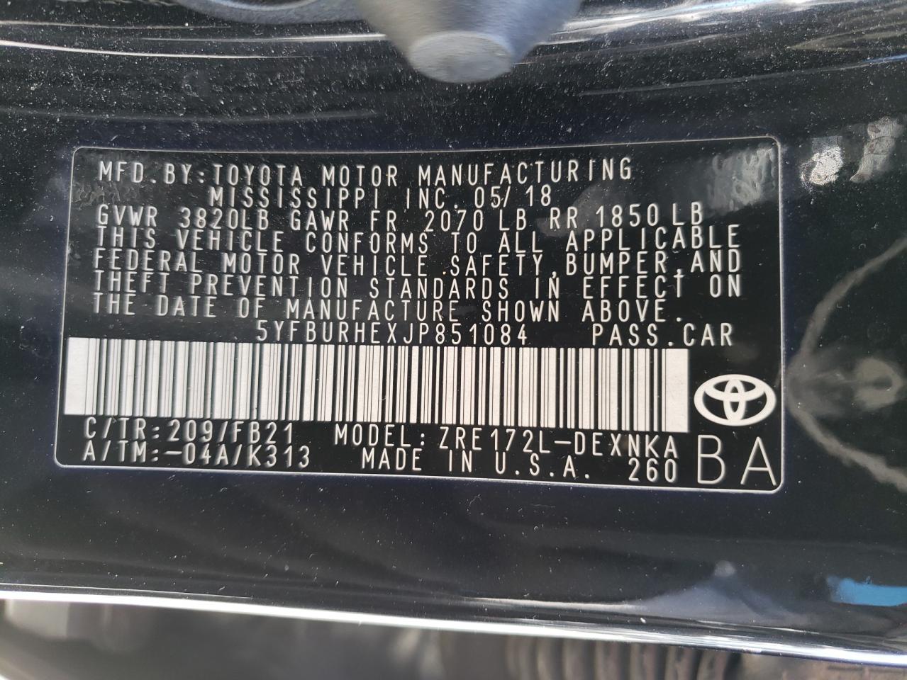 Photo 10 from auction – 2018 TOYOTA COROLLA L with VIN 5YFBURHEXJP851084