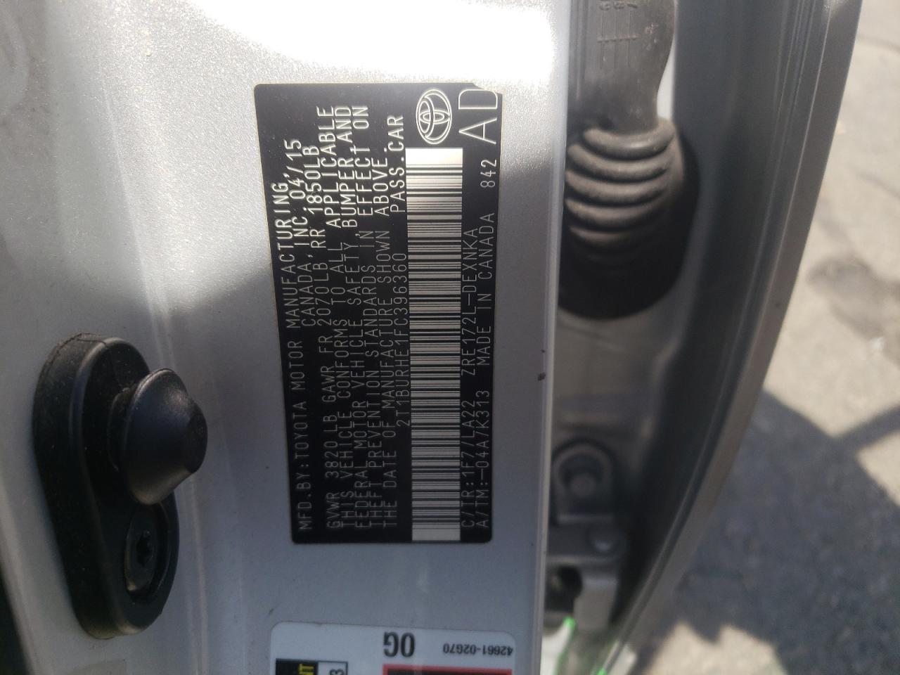 Photo 10 from auction – 2015 TOYOTA COROLLA L with VIN 2T1BURHE1FC396360