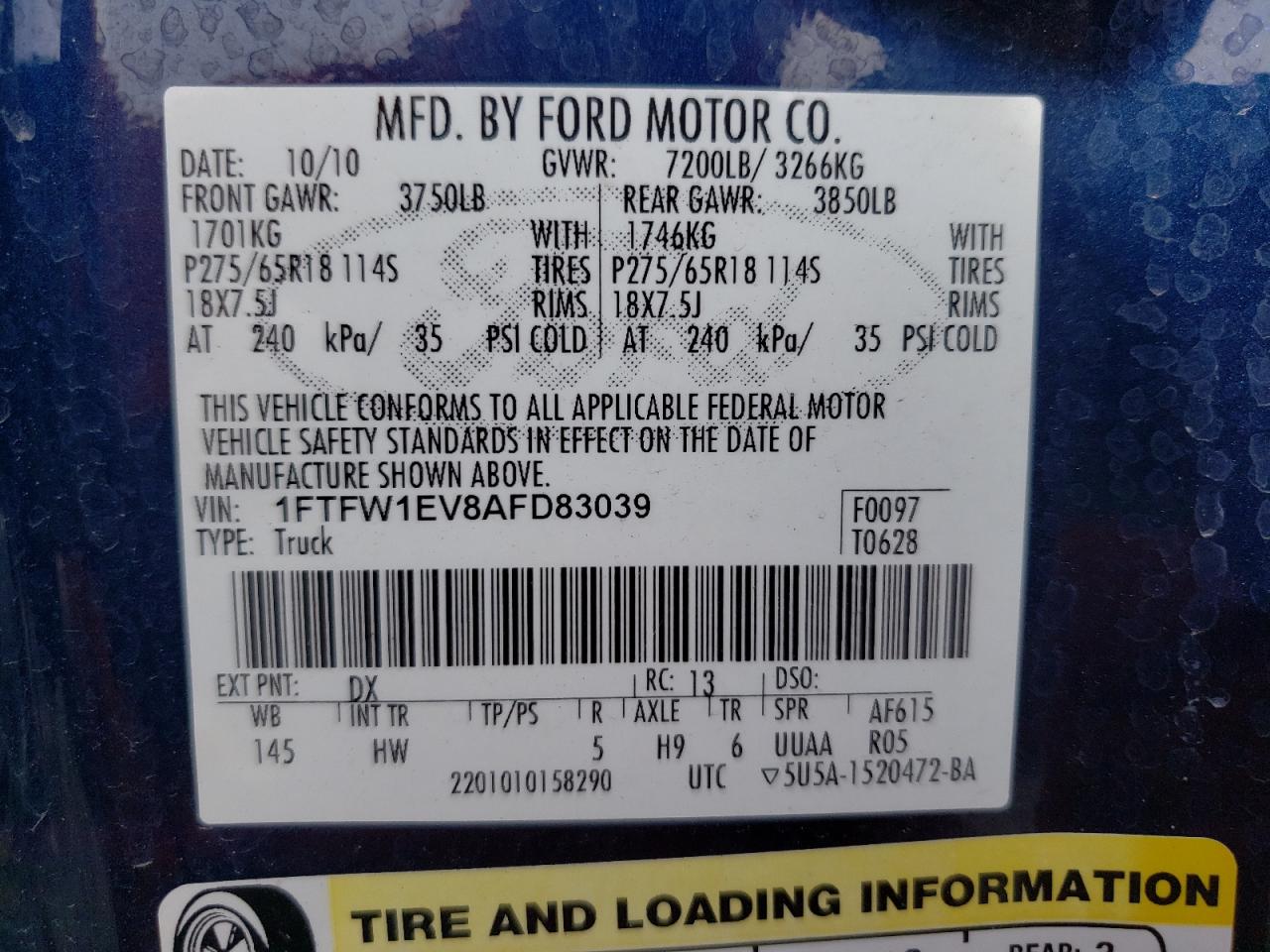 Photo 10 from auction – 2010 FORD F150 SUPER with VIN 1FTFW1EV8AFD83039