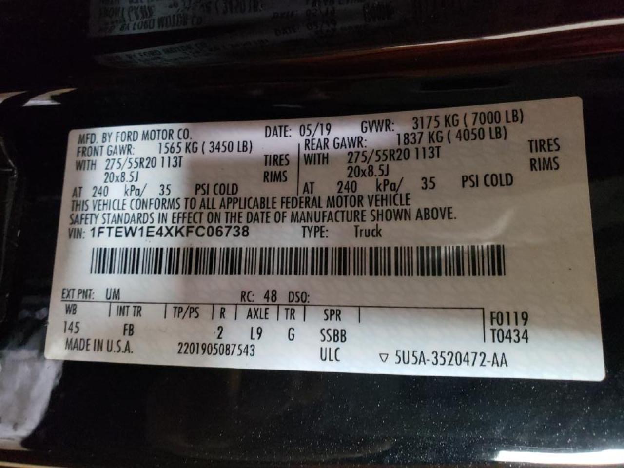 Photo 10 from auction – 2019 FORD F150 SUPER with VIN 1FTEW1E4XKFC06738