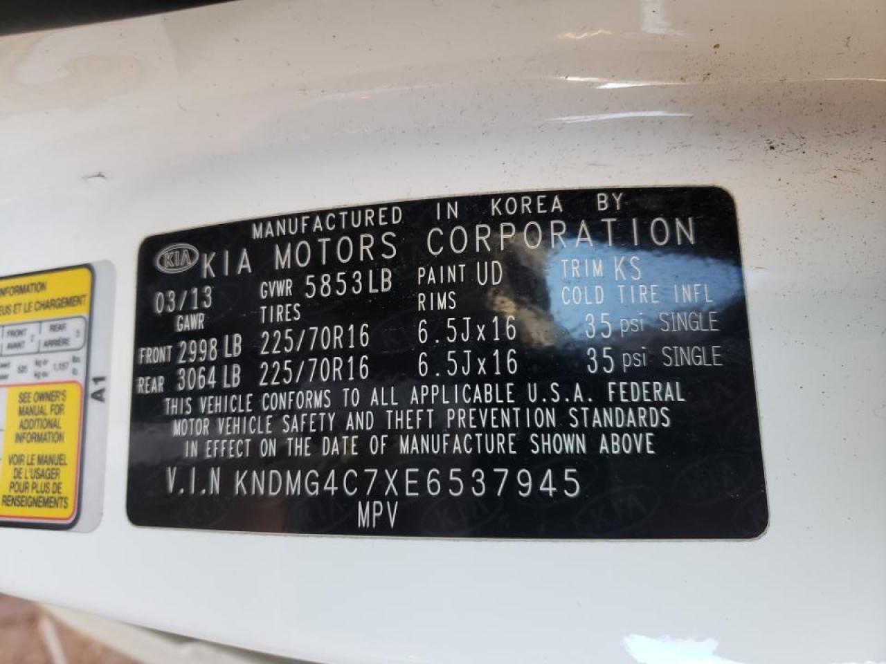 Photo 10 from auction – 2014 KIA SEDONA LX with VIN KNDMG4C7XE6537945