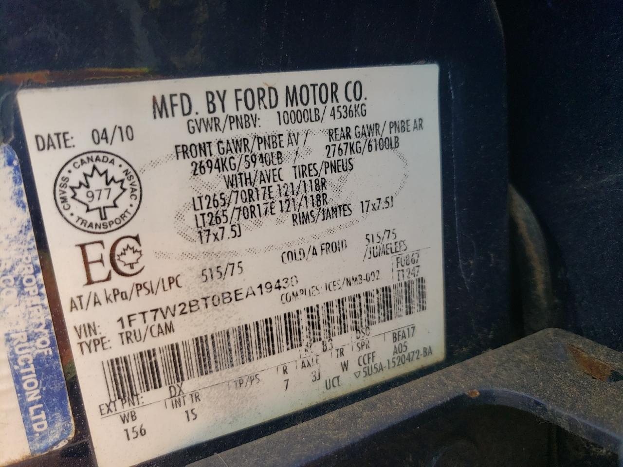 Photo 10 from auction – 2011 FORD F250 SUPER with VIN 1FT7W2BT0BEA19430