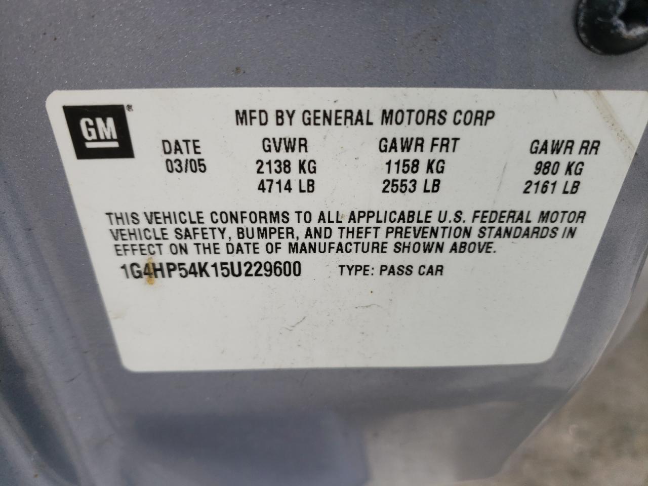 Photo 10 from auction – 2005 BUICK LESABRE CU with VIN 1G4HP54K15U229600