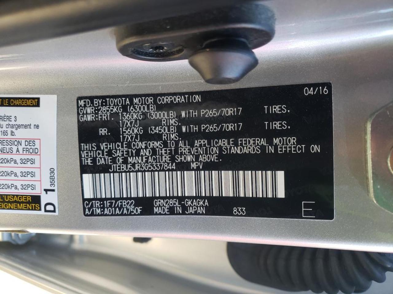 Photo 10 from auction – 2016 TOYOTA 4RUNNER SR with VIN JTEBU5JR3G5337844