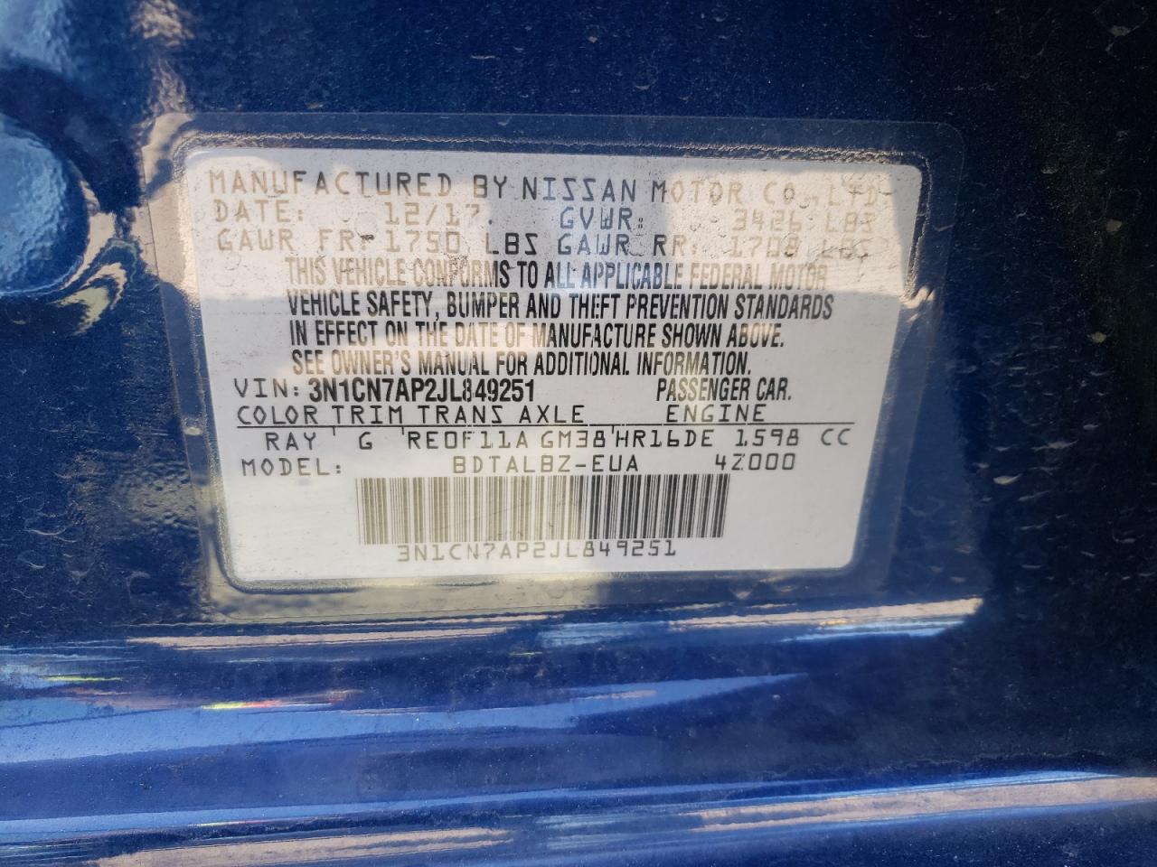 Photo 10 from auction – 2018 NISSAN VERSA S with VIN 3N1CN7AP2JL849251