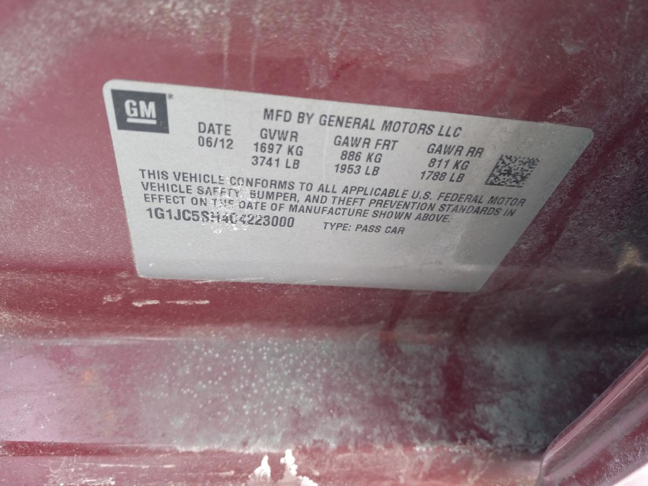 Photo 10 from auction – 2012 CHEVROLET SONIC LT with VIN 1G1JC5SH4C4223000