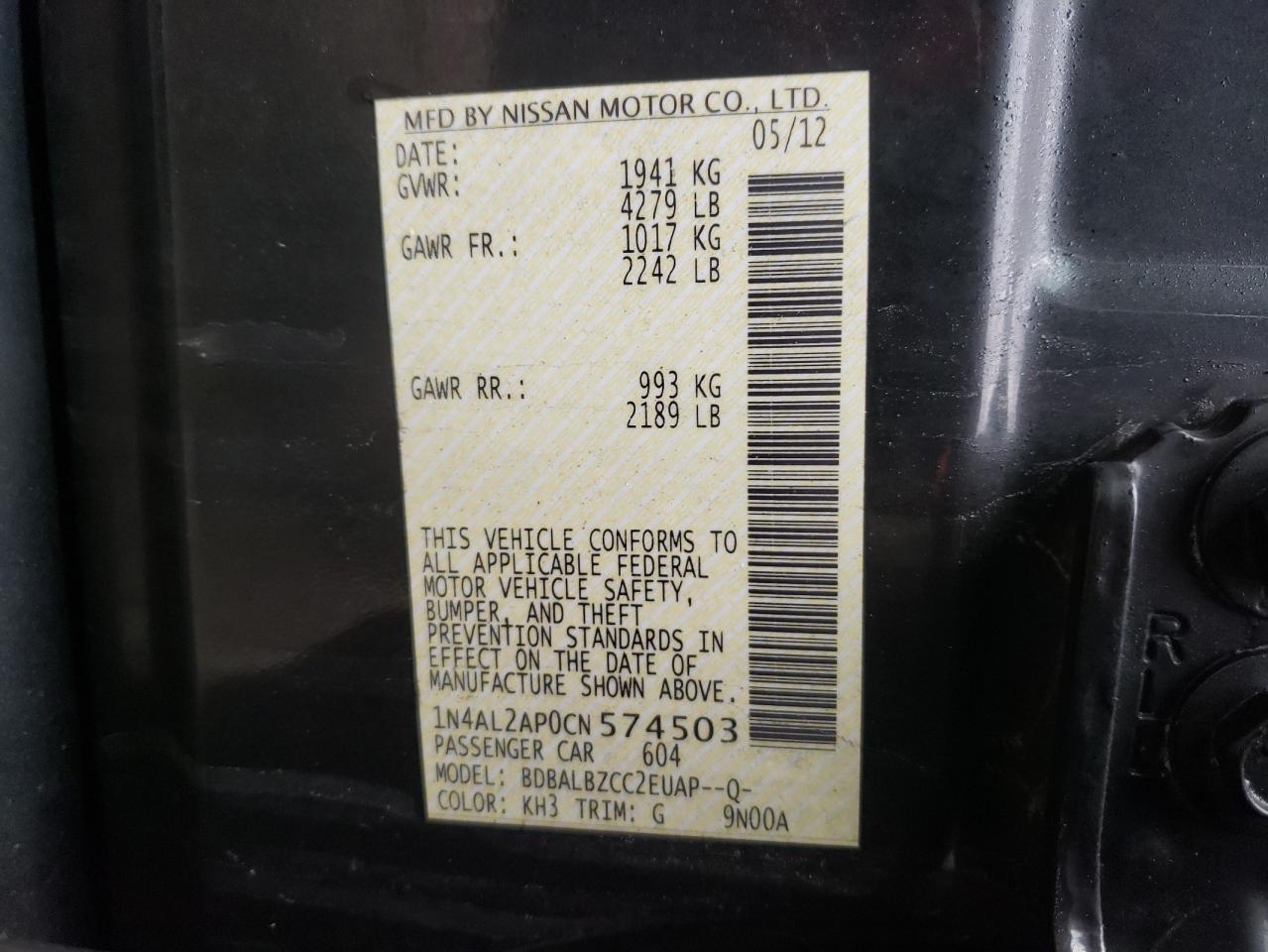 Photo 10 from auction – 2012 NISSAN ALTIMA BAS with VIN 1N4AL2AP0CN574503