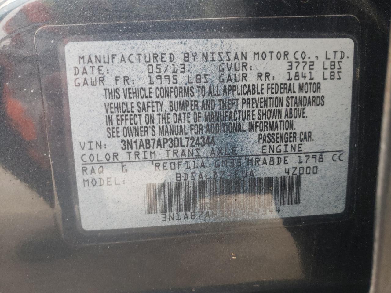 Photo 10 from auction – 2013 NISSAN SENTRA S with VIN 3N1AB7AP3DL724344
