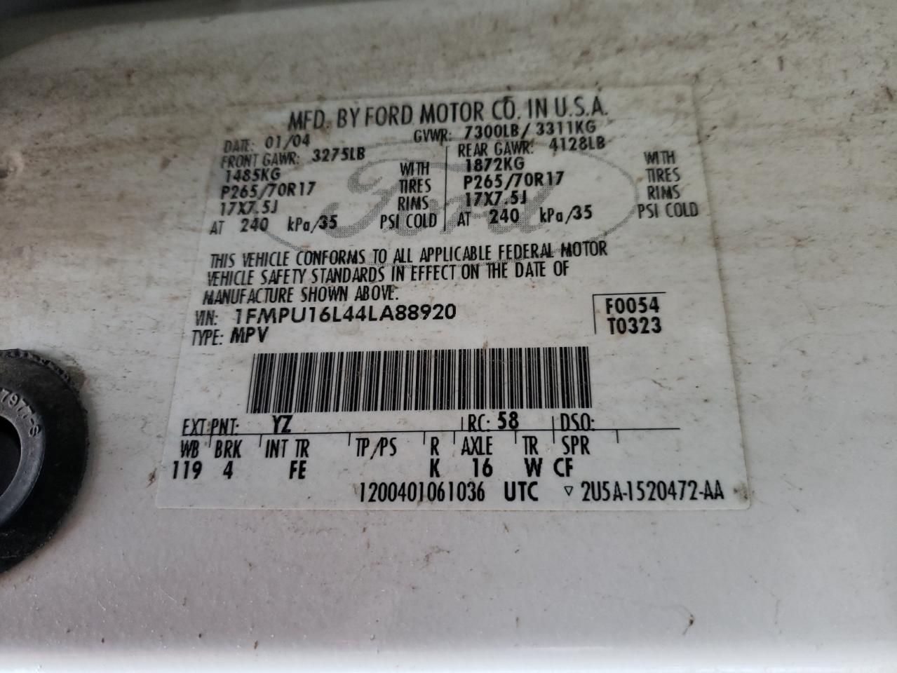 Photo 10 from auction – 2004 FORD EXPEDITION with VIN 1FMPU16L44LA88920