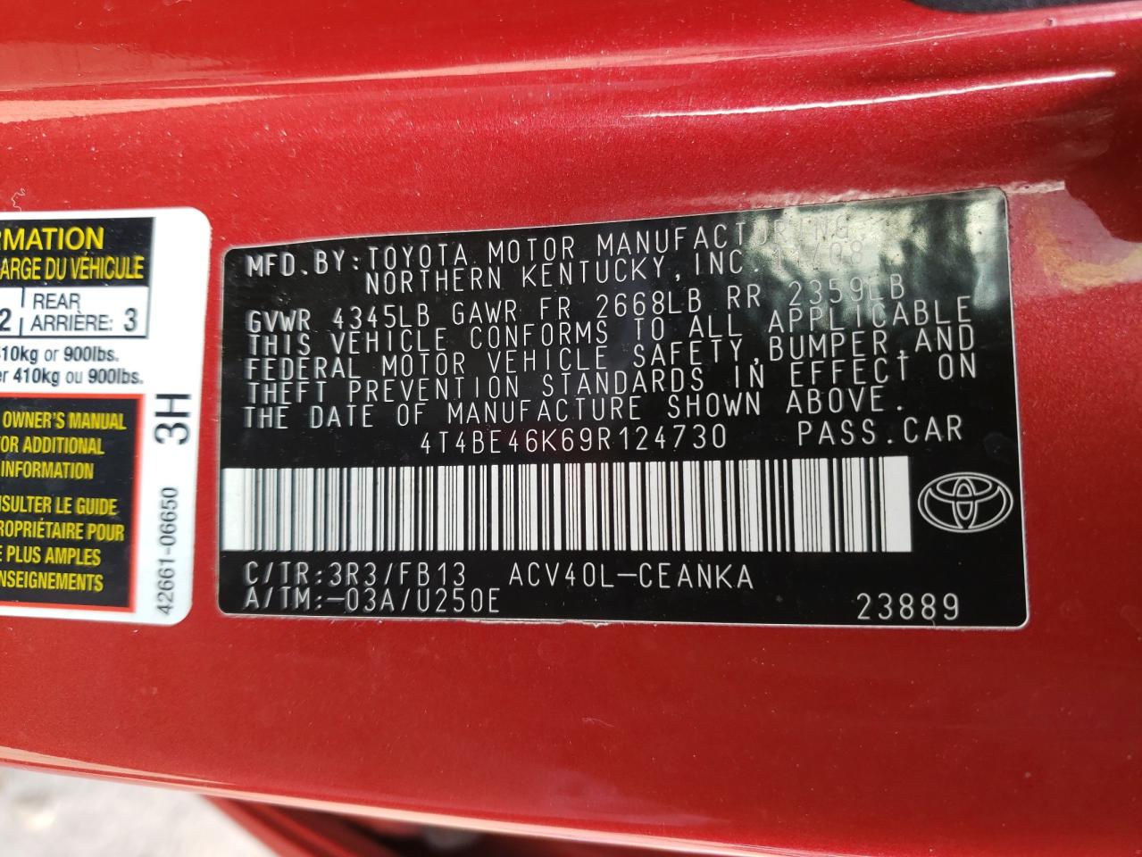 Photo 10 from auction – 2009 TOYOTA CAMRY BASE with VIN 4T4BE46K69R124730