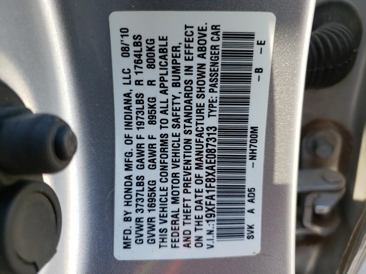 Photo 10 from auction – 2010 HONDA CIVIC EX with VIN 19XFA1F8XAE087313