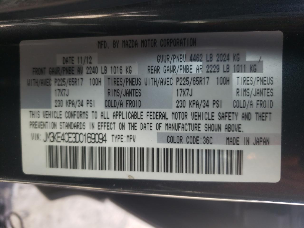 Photo 10 from auction – 2013 MAZDA CX-5 TOURI with VIN JM3KE4CE3D0169094