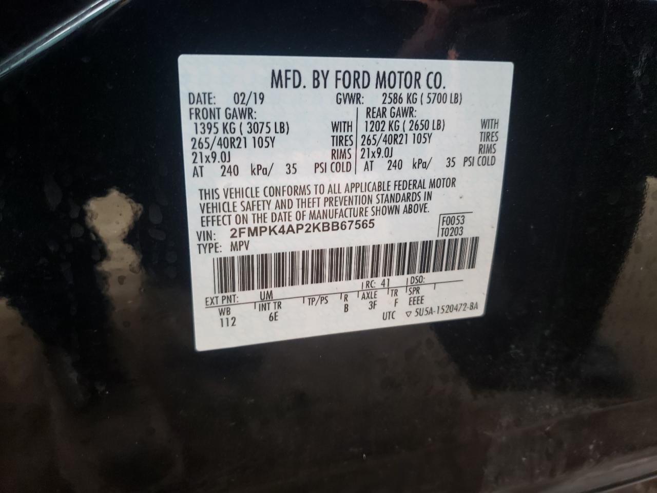 Photo 10 from auction – 2019 FORD EDGE ST with VIN 2FMPK4AP2KBB67565