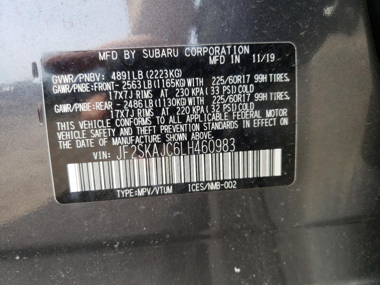 Photo 10 from auction – 2020 SUBARU FORESTER P with VIN JF2SKAJC6LH460983