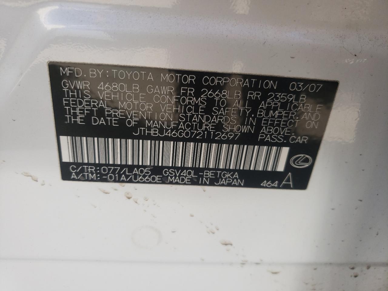 Photo 10 from auction – 2007 LEXUS ES 350 with VIN JTHBJ46G072112697