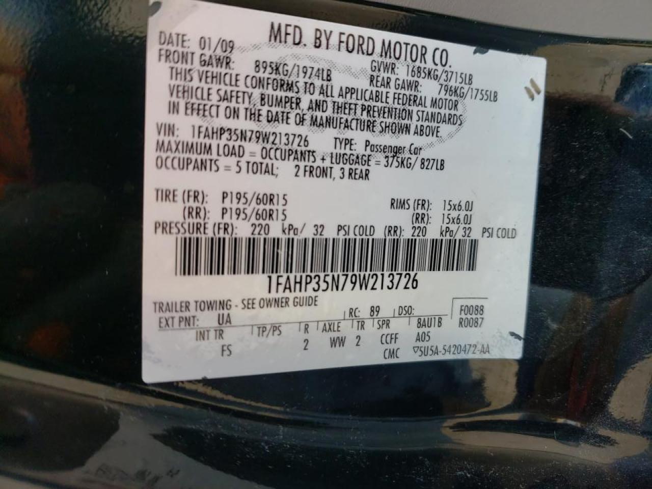 Photo 10 from auction – 2009 FORD FOCUS SE with VIN 1FAHP35N79W213726