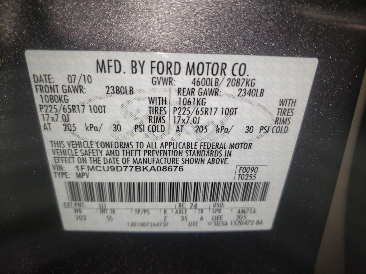 Photo 10 from auction – 2011 FORD ESCAPE XLT with VIN 1FMCU9D77BKA08676