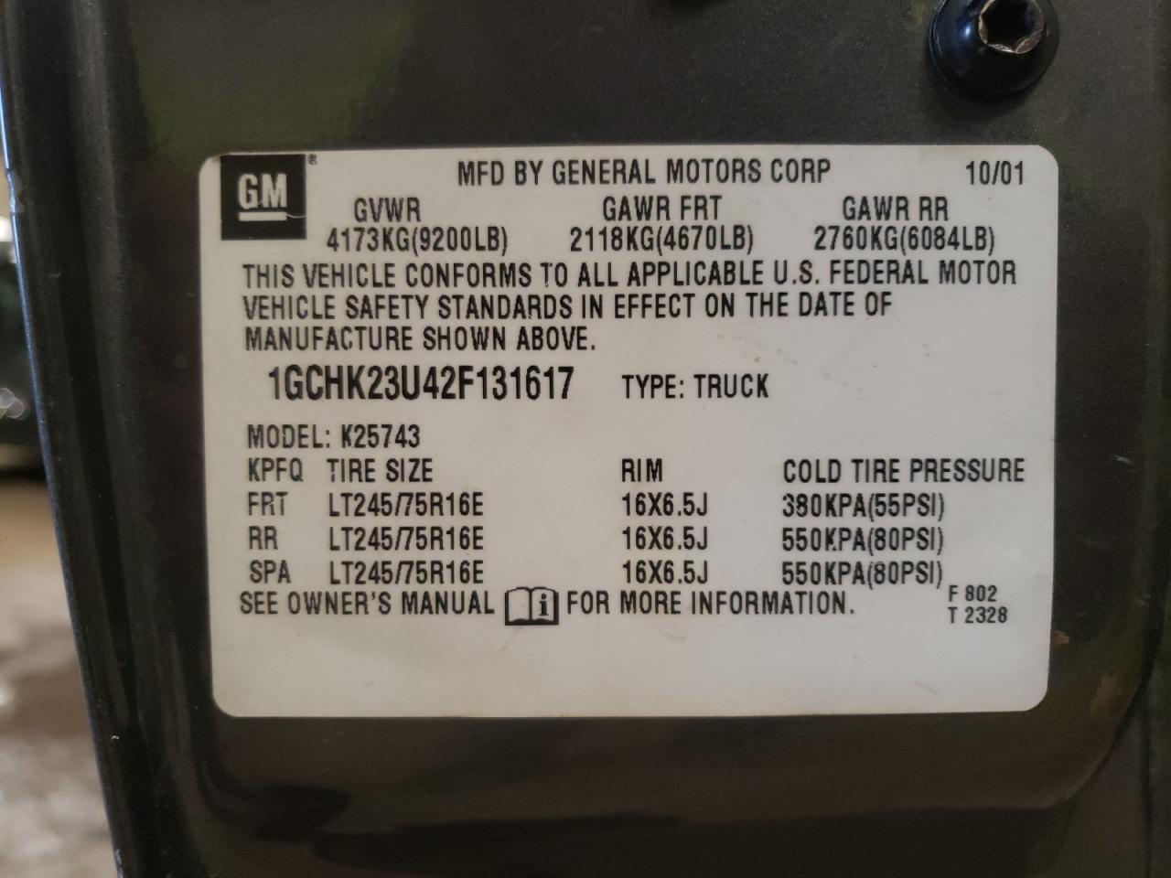Photo 10 from auction – 2002 CHEVROLET SILVERADO with VIN 1GCHK23U42F131617