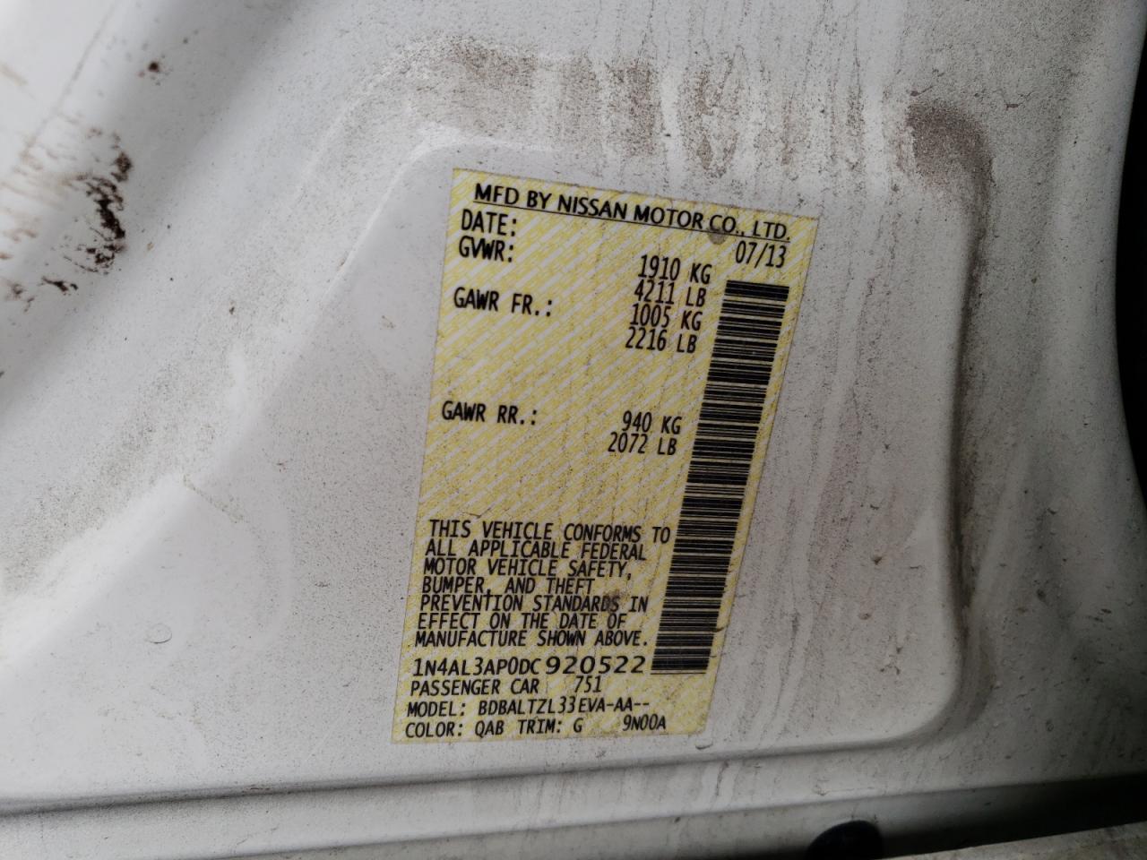 Photo 10 from auction – 2013 NISSAN ALTIMA 2.5 with VIN 1N4AL3AP0DC920522