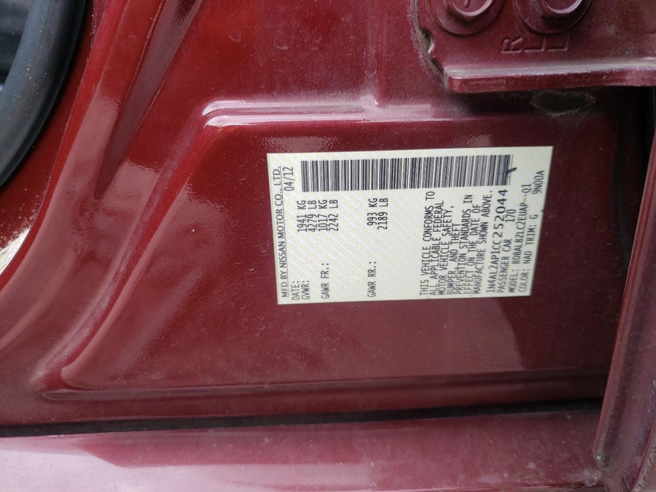 Photo 10 from auction – 2012 NISSAN ALTIMA BAS with VIN 1N4AL2AP1CC252044