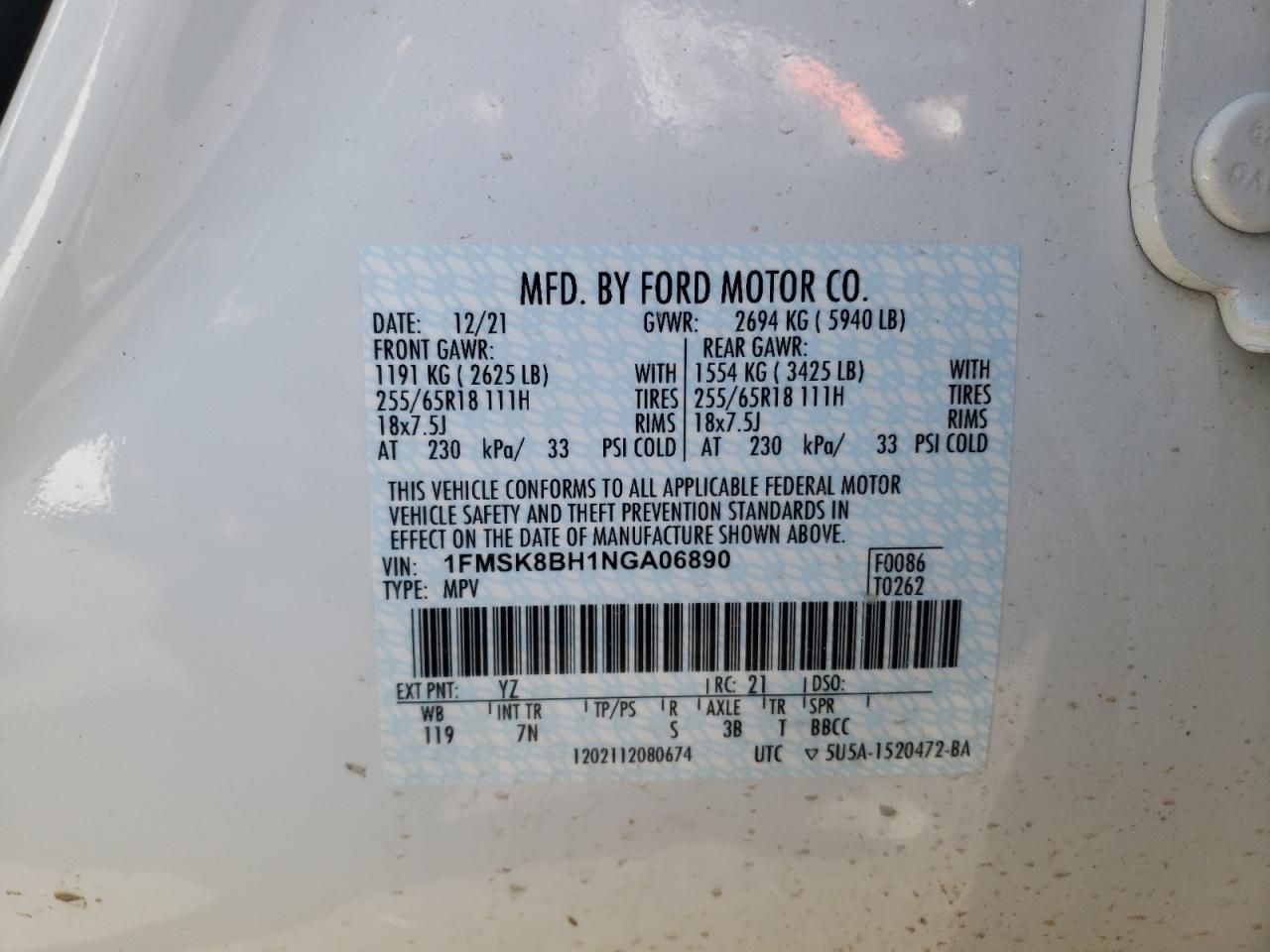 Photo 10 from auction – 2022 FORD EXPLORER with VIN 1FMSK8BH1NGA06890