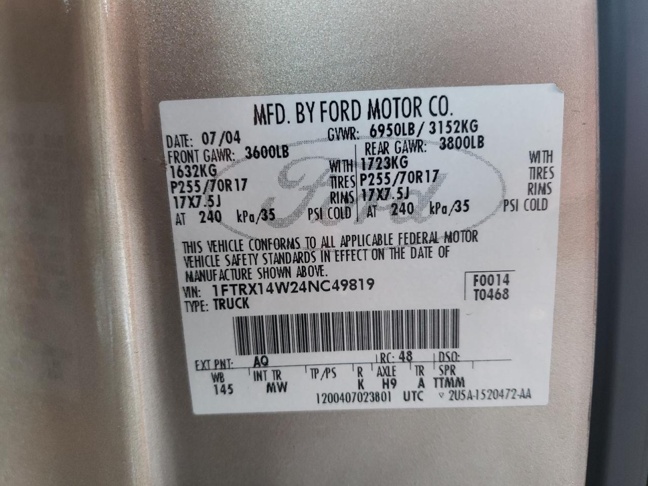 Photo 10 from auction – 2004 FORD F150 with VIN 1FTRX14W24NC49819