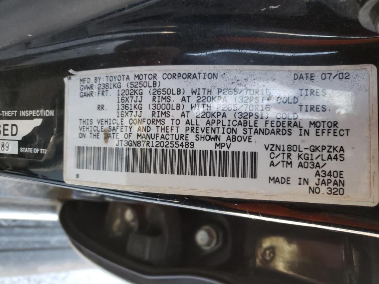 Photo 10 from auction – 2002 TOYOTA 4RUNNER LI with VIN JT3GN87R120255489
