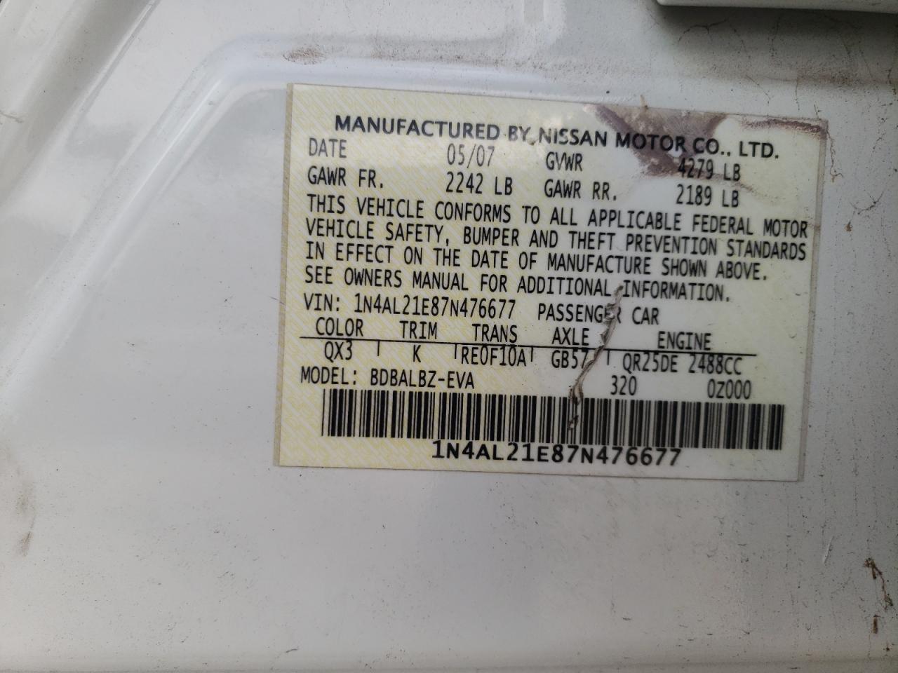 Photo 10 from auction – 2007 NISSAN ALTIMA 2.5 with VIN 1N4AL21E87N476677