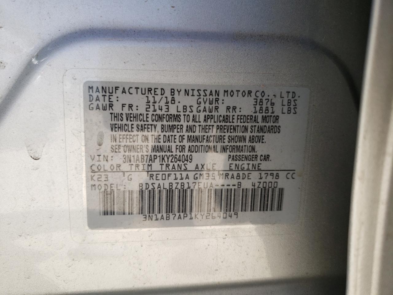 Photo 10 from auction – 2019 NISSAN SENTRA S with VIN 3N1AB7AP1KY264049