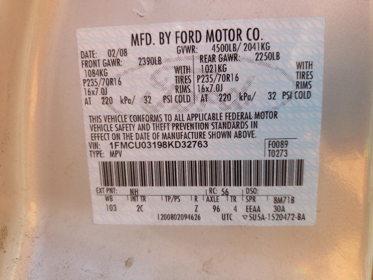 Photo 10 from auction – 2008 FORD ESCAPE XLT with VIN 1FMCU03198KD32763