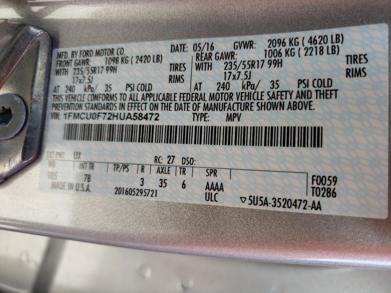 Photo 10 from auction – 2017 FORD ESCAPE S with VIN 1FMCU0F72HUA58472